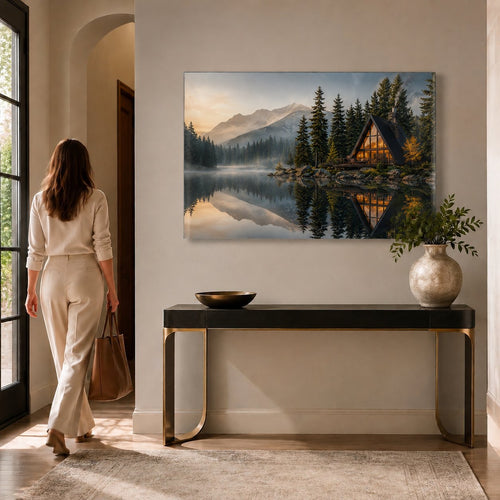A rectangular wall art print or acrylic panel showing a misty mountain lake scene with a glowing A-frame cabin, pine trees, and reflections in the water, photographed against a plain light background.
