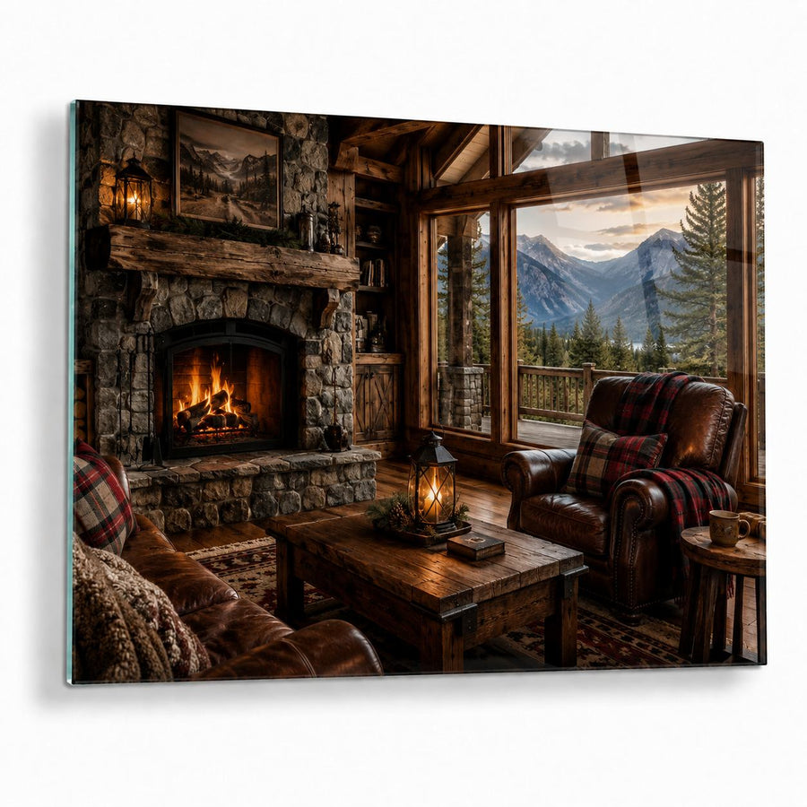 A rectangular wall art print or canvas showing a rustic mountain lodge living room with a stone fireplace, large windows, leather armchair, plaid throw, and mountain scenery outside, photographed against a light gray background.