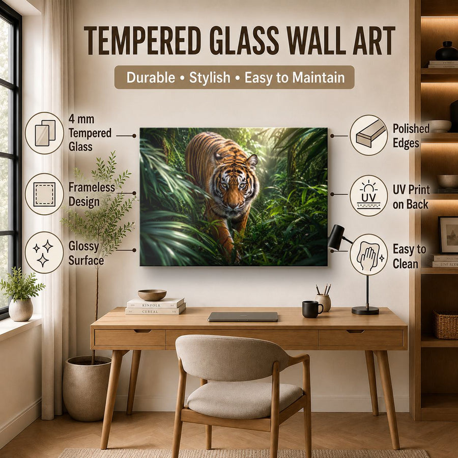 Wildlife Animals 3 tempered glass wall art displayed in a Office Wall Art — premium UV-printed glass panel by Glass Wall Decor